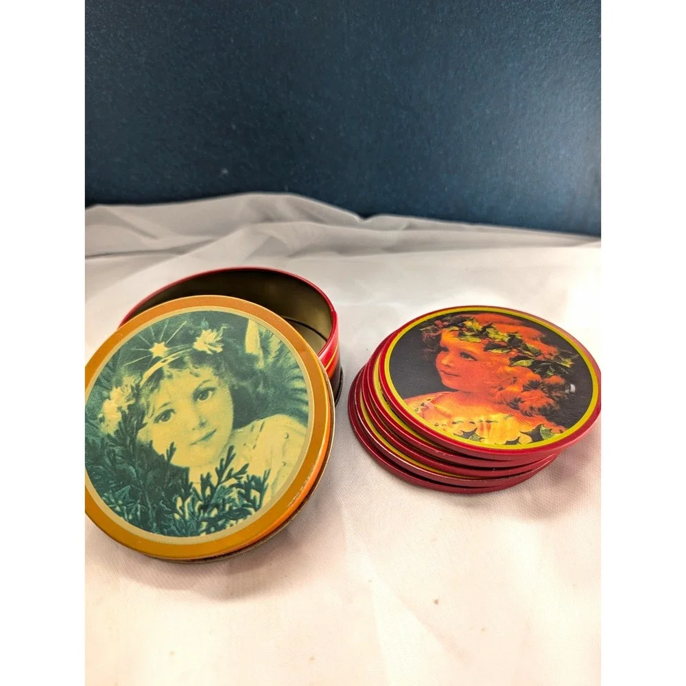 Vintage Round Metal & Cork-Backed Coaster Set, 6pc Portrait Design w/ Tin